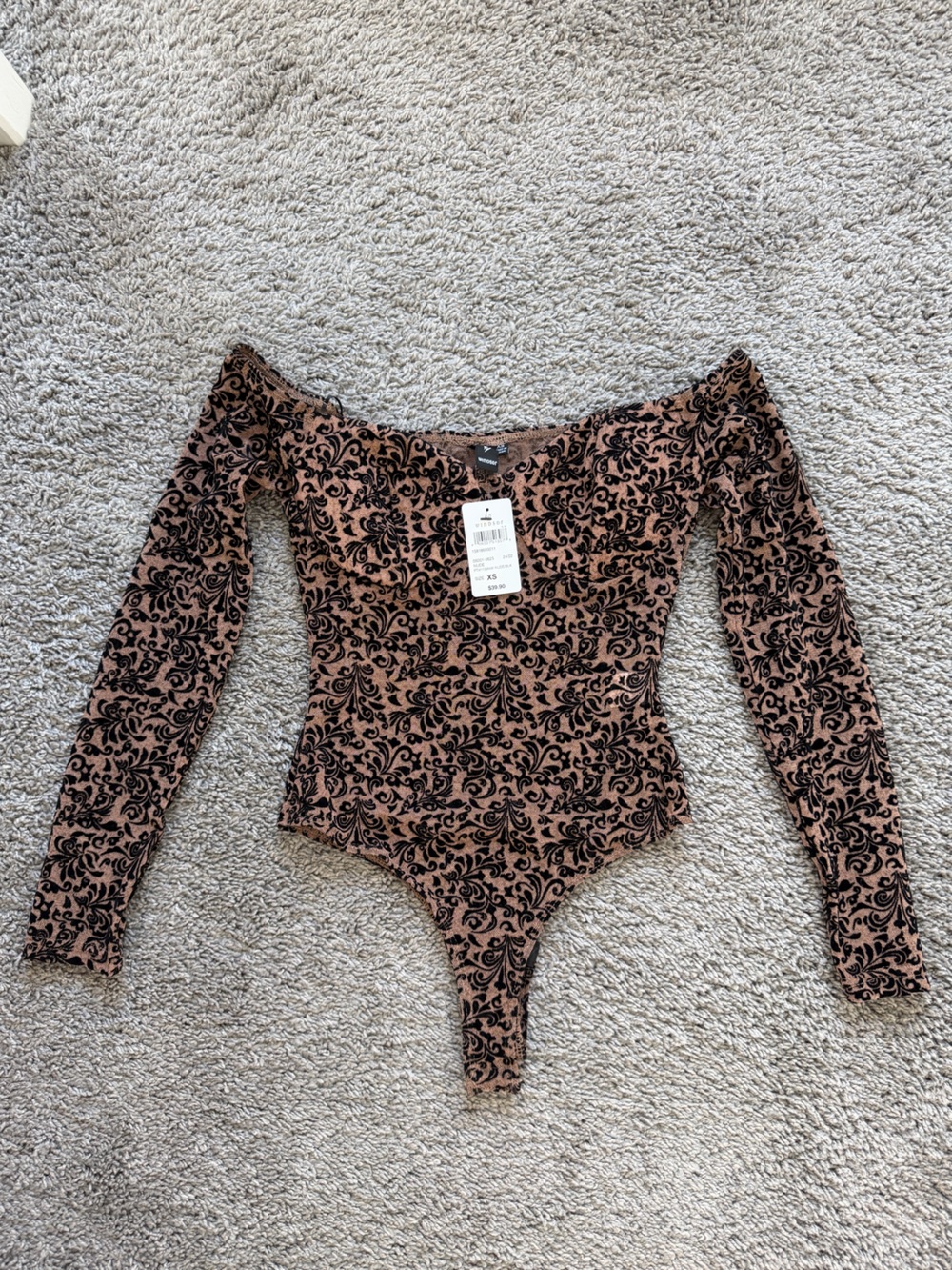 Windsor Brown Velvet Burnout Off-Shoulder Long Sleeve Bodysuit